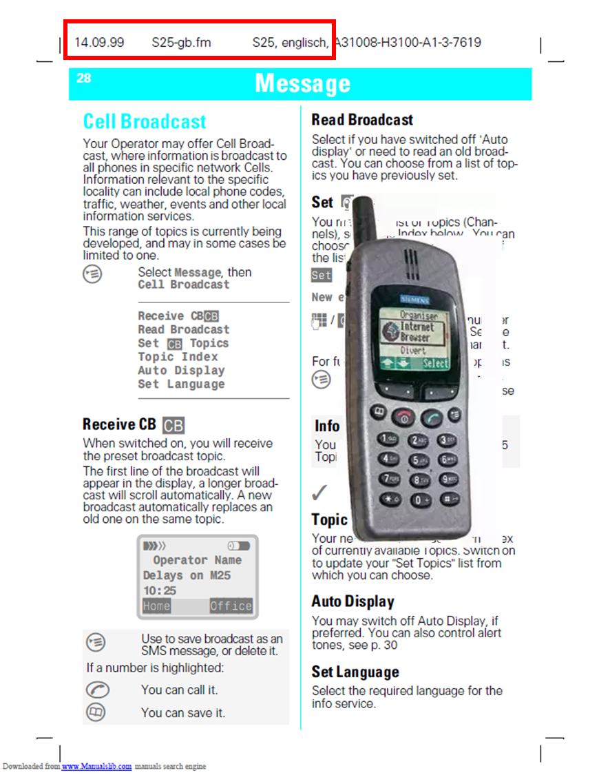 manuale dell'utilizzatore del Siemens S25, 1999, pagina dedicata al "Cell Broadcasting", il servizio di IT-ALERT